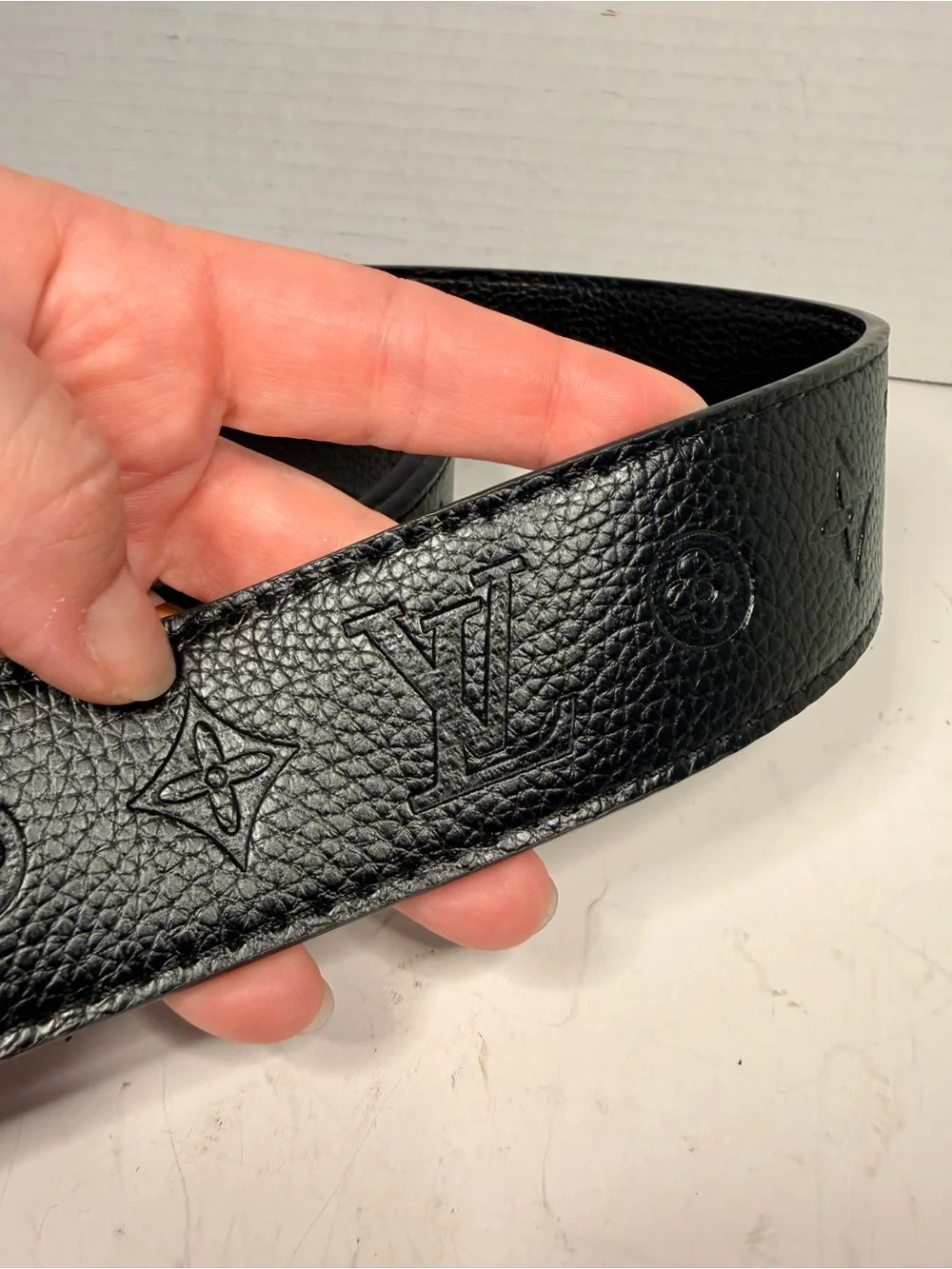 Louis Vuitton Monogram Embossed Black Leather Belt with Matte Black LV